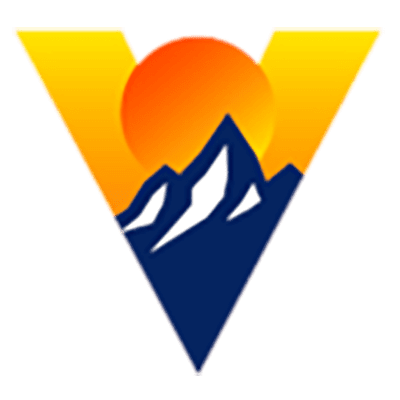 Vistia Capital Logo, shaped as a yellow "V" with an orange sun on top of blue and white mountains. 