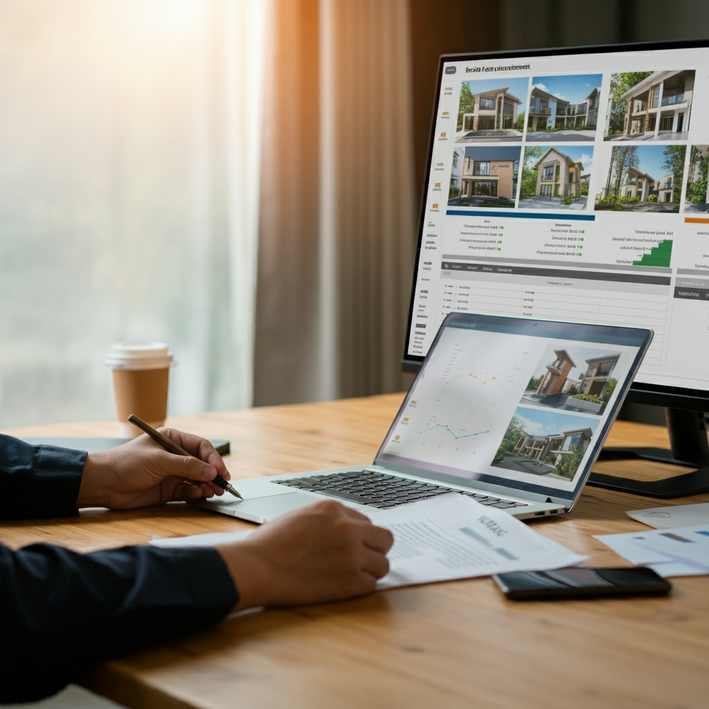 Person analyzing multifamily vs. single-family housing data on computer screens