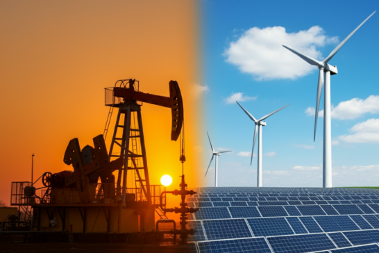 Split image showing an oil rig at sunset on the left and solar panels with wind turbines under a clear sky on the right, representing the transition of oil and gas investments to renewable energy.